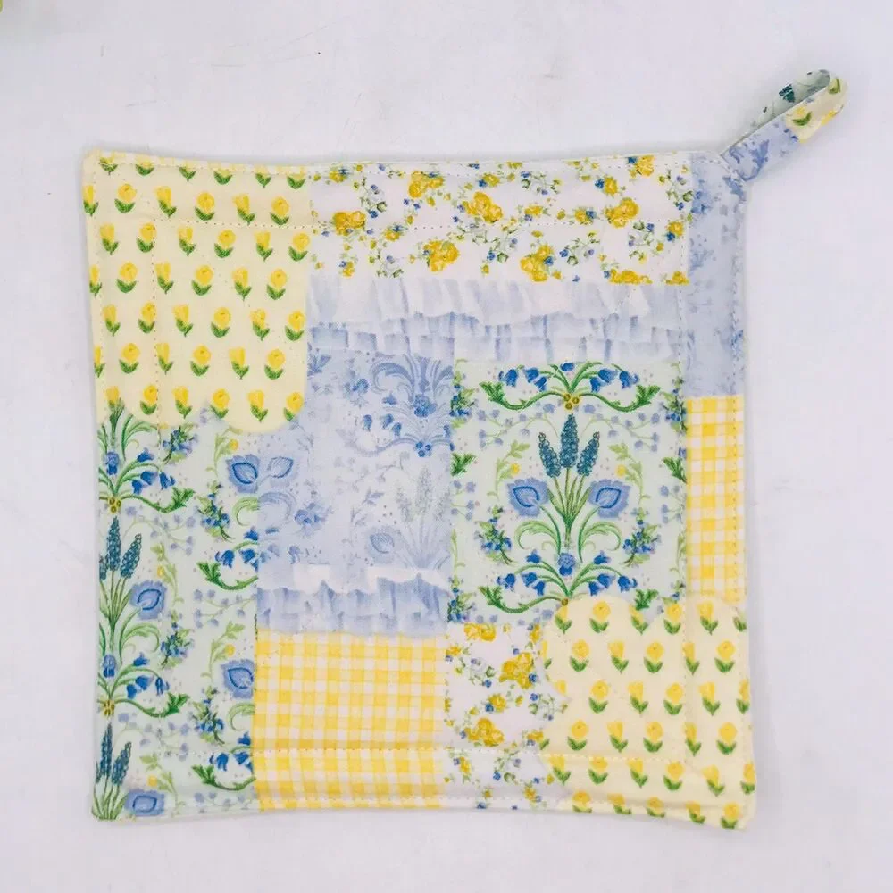 2 Square Potholders, Yellow Blue Patchwork Cottage Core Kitchen 7x7 Inches